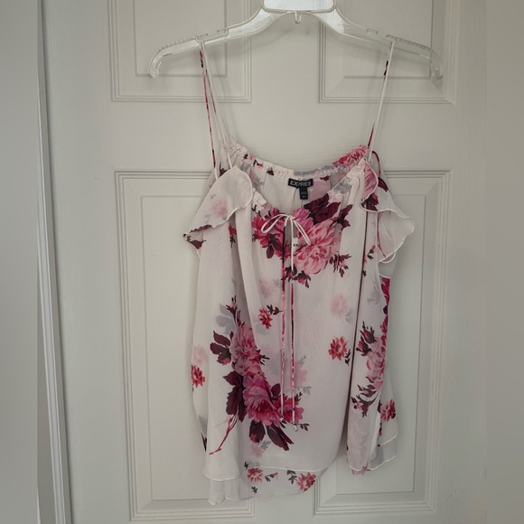Express Cream & Pink Floral Chiffon Spaghetti Strap Top /Size Large NWT - Picture 1 of 9